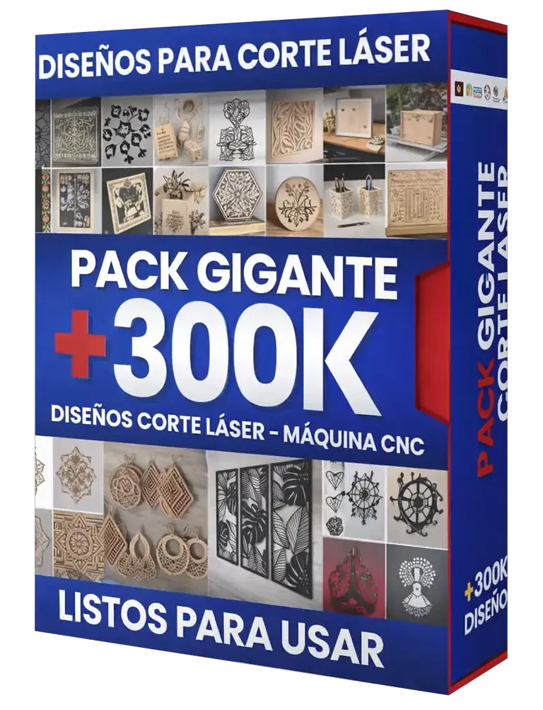 Mockup del PACK GIGANTE +300K con caja 3D de Diseños para Corte Láser