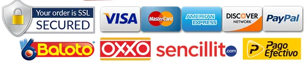 Métodos de pago aceptados: Visa, Mastercard, American Express, Discover, PayPal y SSL Secured